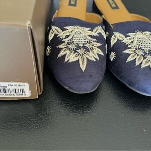 Soft Surroundings Navy Embroidered Silk Mules NIB